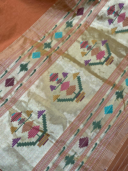 ORANGE COTTON TISSUE PURE HANDLOOM PAITHANI SAREE