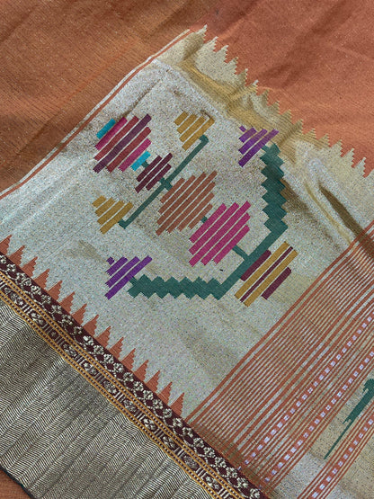 ORANGE COTTON TISSUE PURE HANDLOOM PAITHANI SAREE