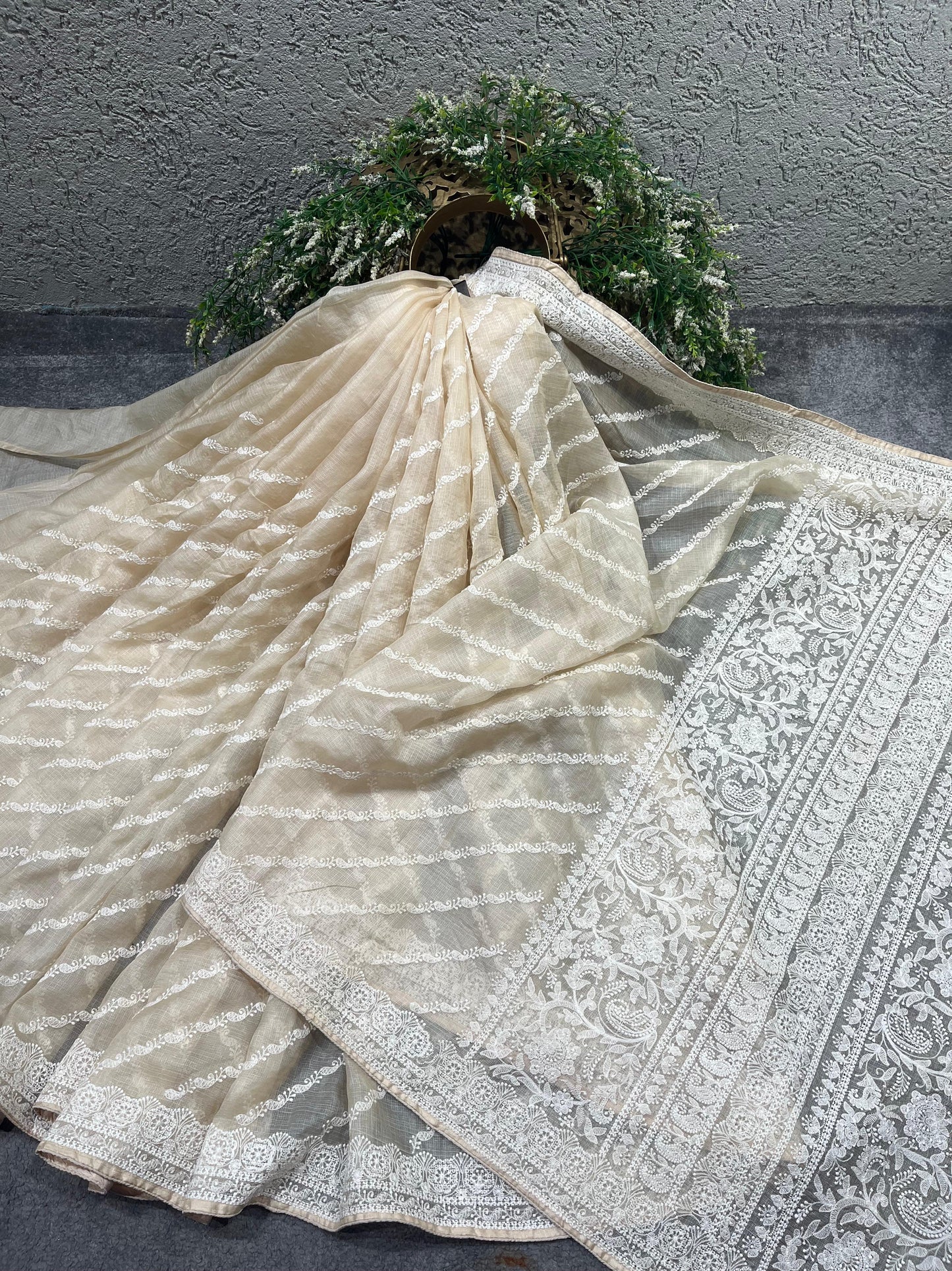 LIGHT BEIGE KOTA PURE HANDLOOM LUCKNOWI SAREE