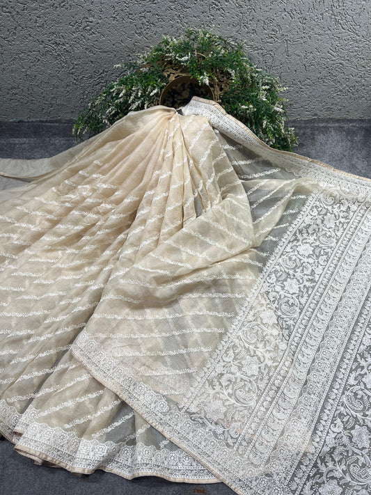 LIGHT BEIGE KOTA PURE HANDLOOM LUCKNOWI SAREE