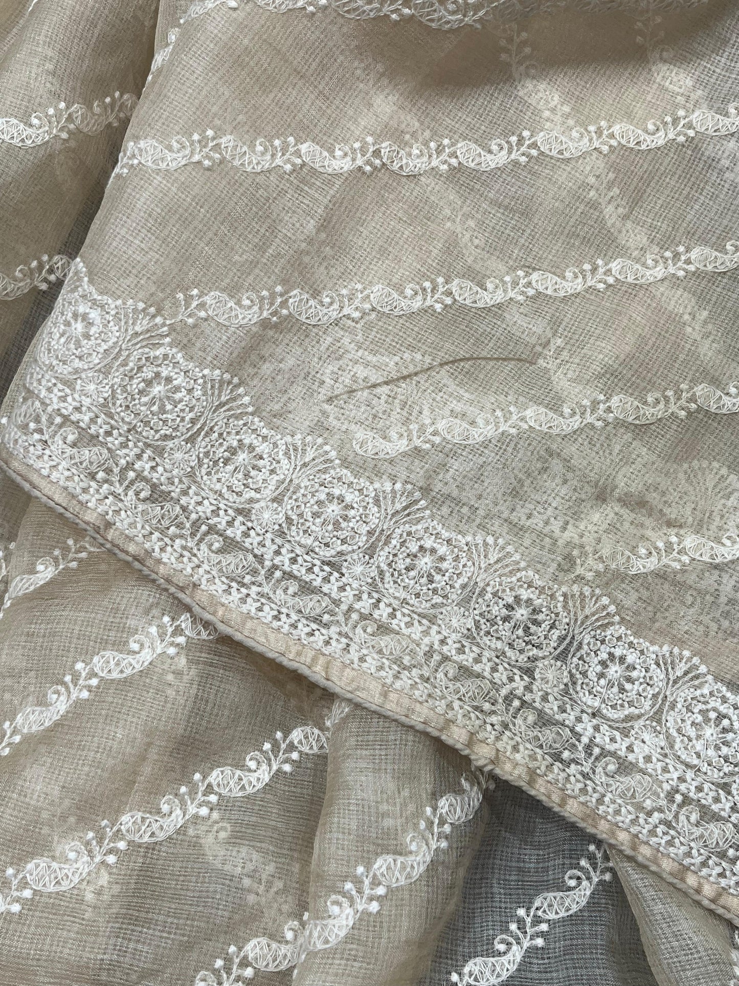 LIGHT BEIGE KOTA PURE HANDLOOM LUCKNOWI SAREE