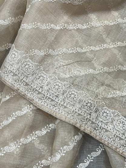LIGHT BEIGE KOTA PURE HANDLOOM LUCKNOWI SAREE