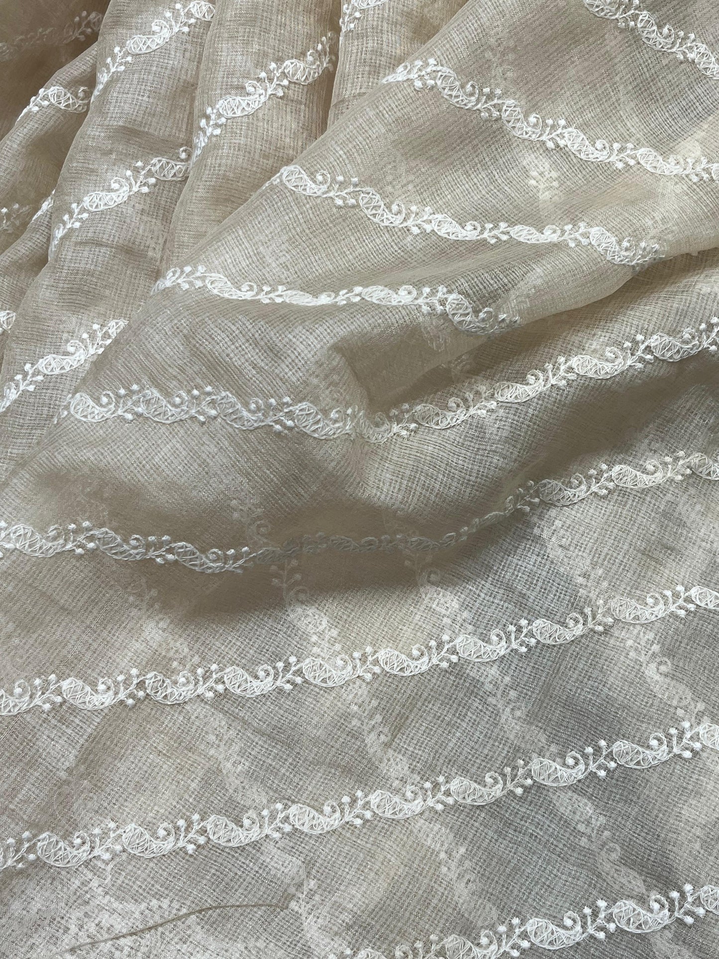 LIGHT BEIGE KOTA PURE HANDLOOM LUCKNOWI SAREE