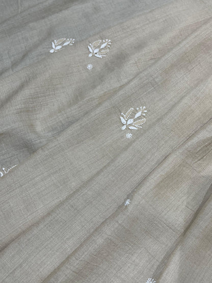 LIGHT BEIGE TASSAR PURE HANDLOOM LUCKNOWI SAREE