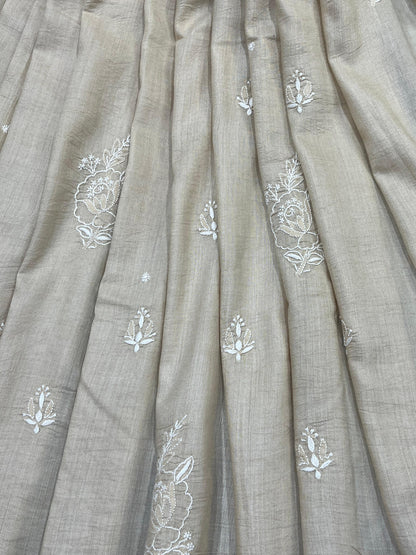 LIGHT BEIGE TASSAR PURE HANDLOOM LUCKNOWI SAREE