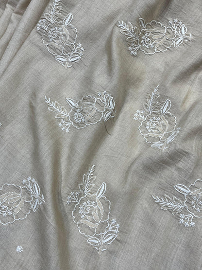 LIGHT BEIGE TASSAR PURE HANDLOOM LUCKNOWI SAREE