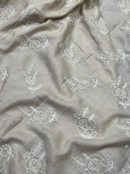LIGHT BEIGE TASSAR PURE HANDLOOM LUCKNOWI SAREE