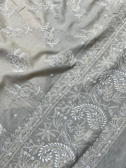 LIGHT BEIGE TASSAR PURE HANDLOOM LUCKNOWI SAREE