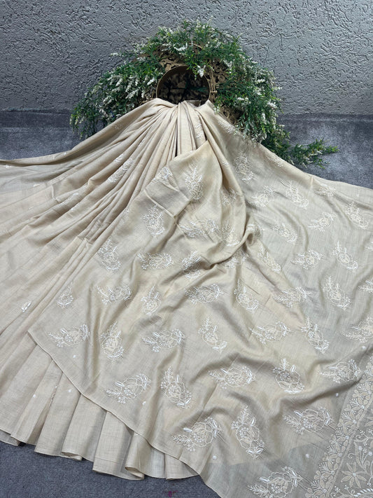 LIGHT BEIGE TASSAR PURE HANDLOOM LUCKNOWI SAREE