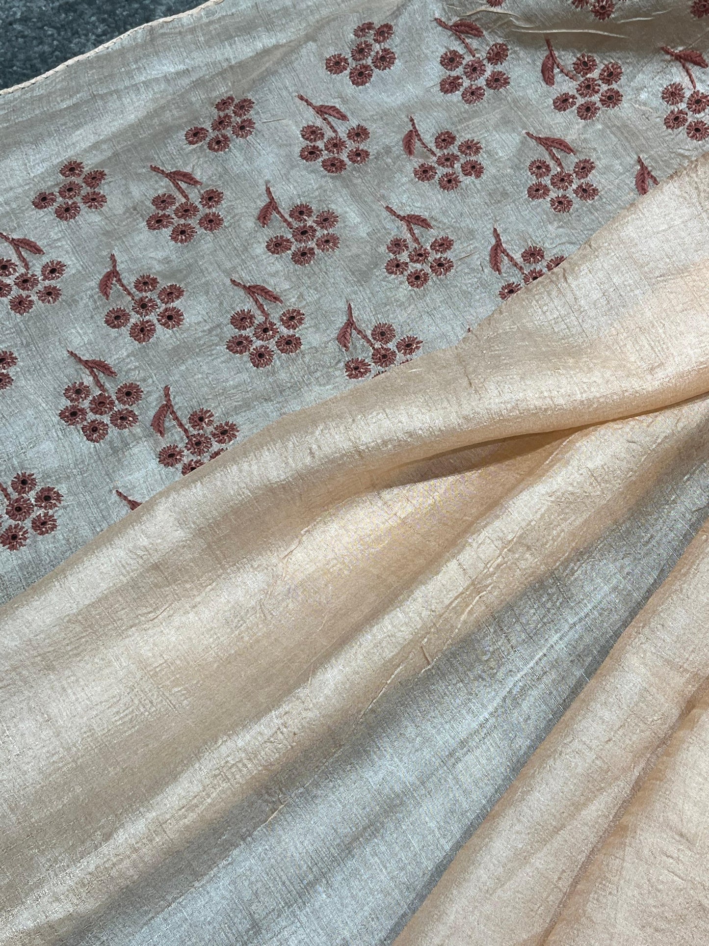 LIGHT PEACK TASSAR PURE HANDLOOM LUCKNOWI SAREE