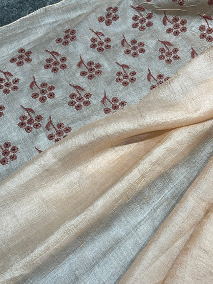 LIGHT PEACK TASSAR PURE HANDLOOM LUCKNOWI SAREE