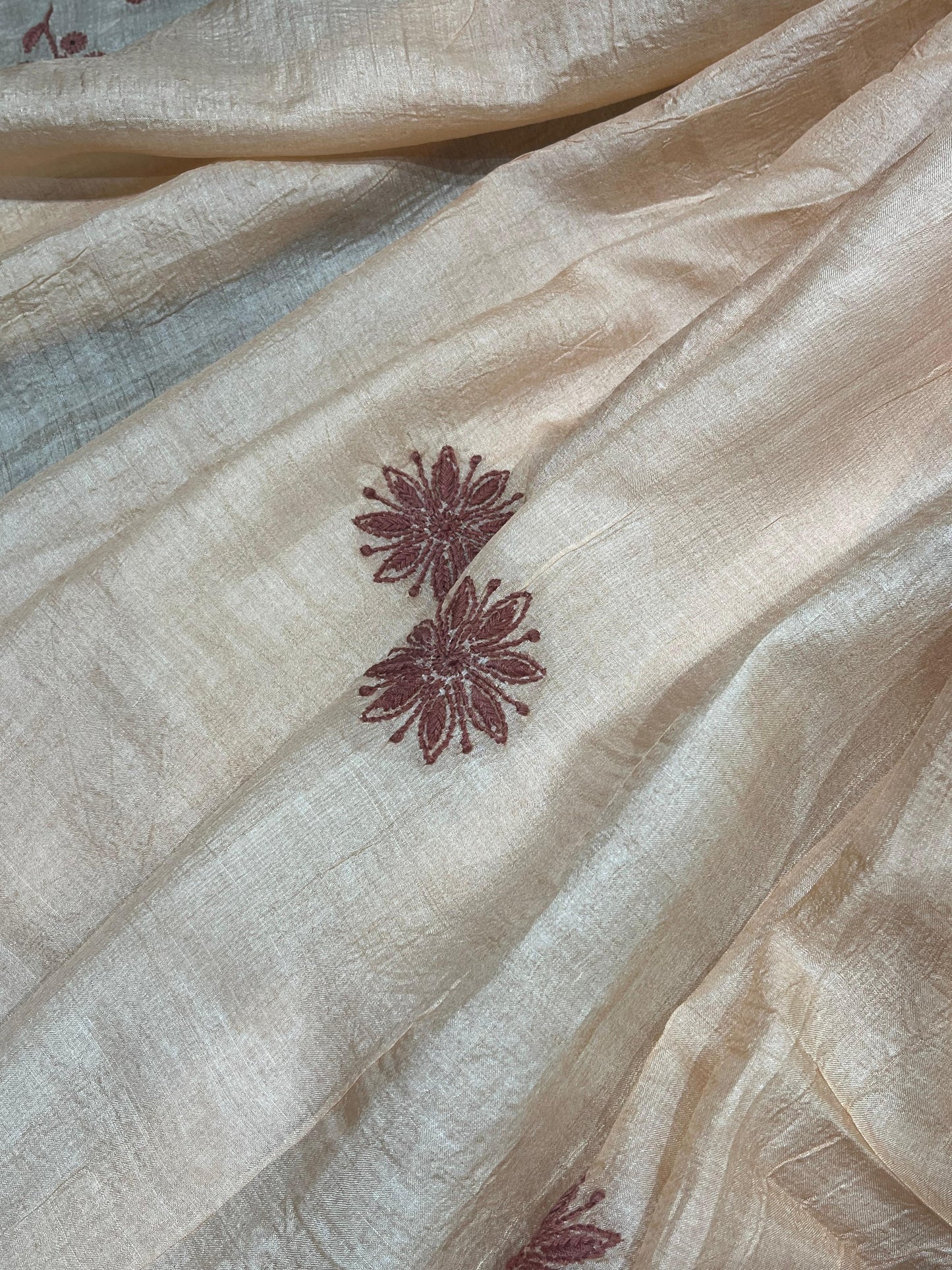LIGHT PEACK TASSAR PURE HANDLOOM LUCKNOWI SAREE