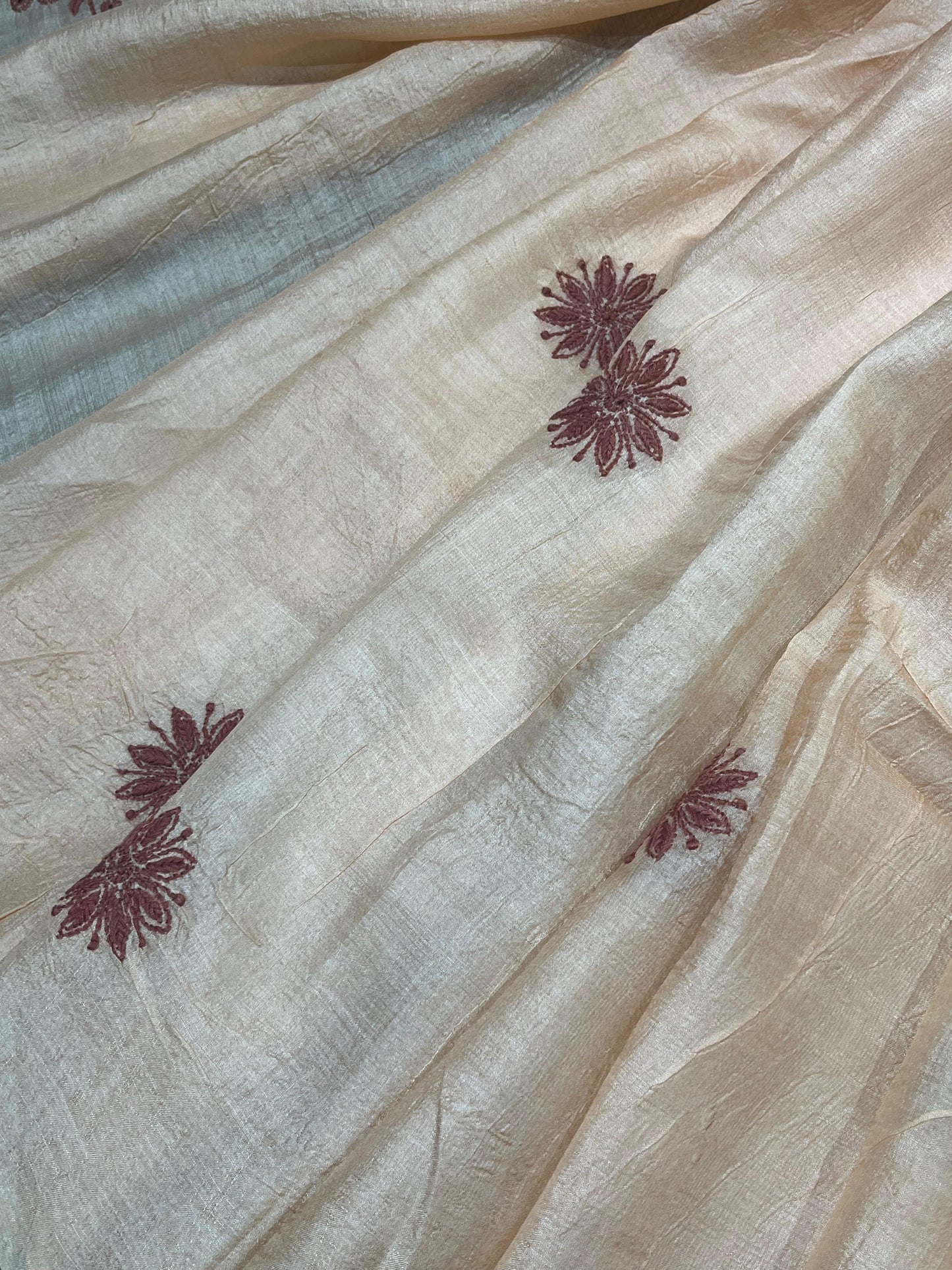LIGHT PEACK TASSAR PURE HANDLOOM LUCKNOWI SAREE