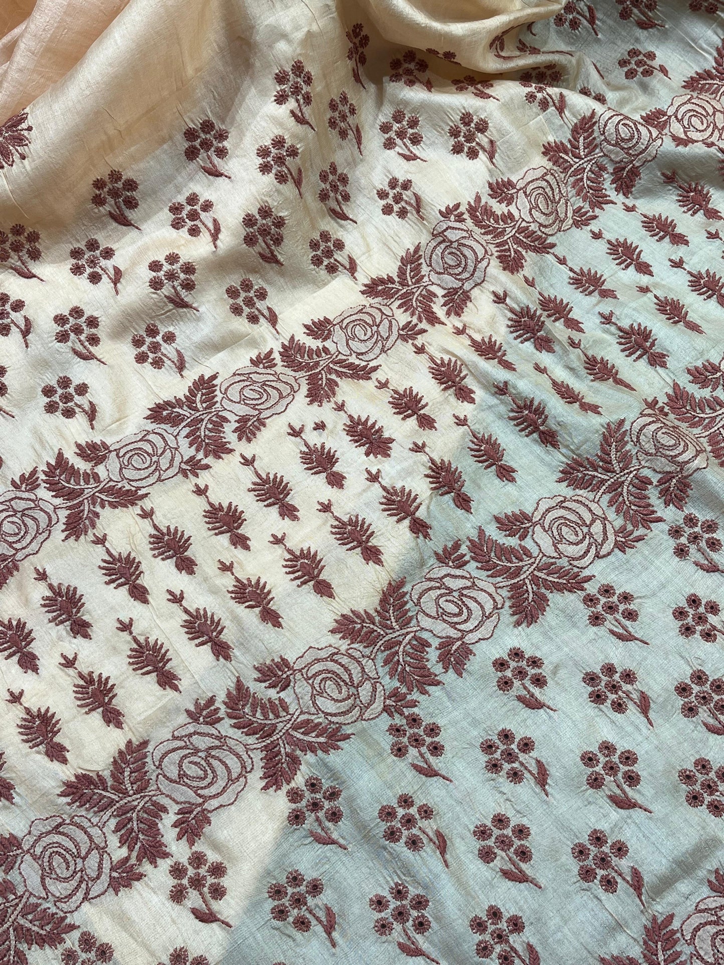 LIGHT PEACK TASSAR PURE HANDLOOM LUCKNOWI SAREE