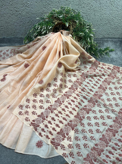 LIGHT PEACK TASSAR PURE HANDLOOM LUCKNOWI SAREE