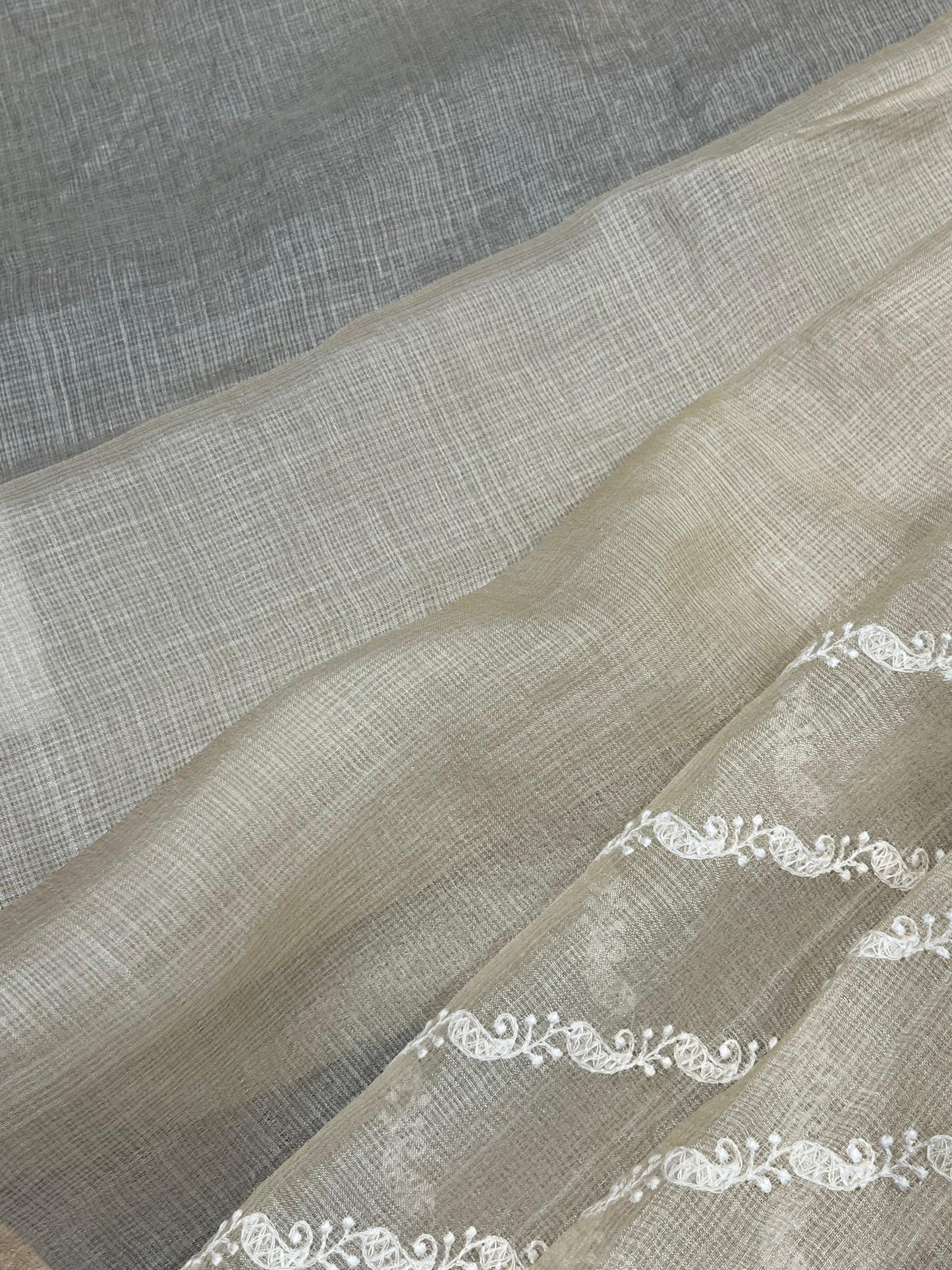LIGHT BEIGE KOTA PURE HANDLOOM LUCKNOWI SAREE