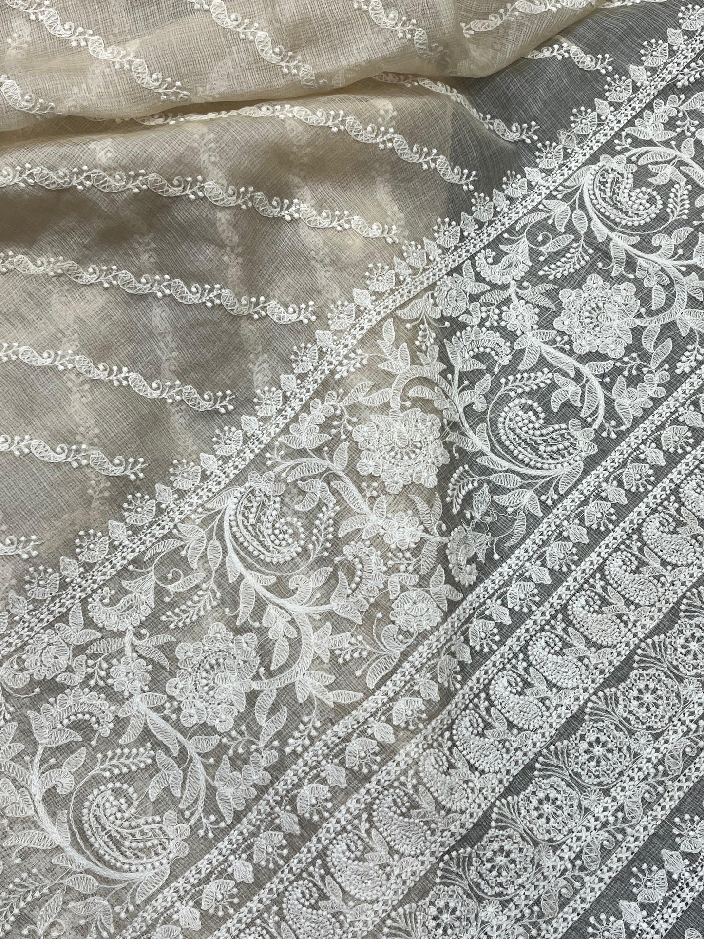 LIGHT BEIGE KOTA PURE HANDLOOM LUCKNOWI SAREE