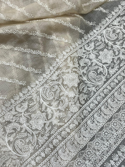 LIGHT BEIGE KOTA PURE HANDLOOM LUCKNOWI SAREE