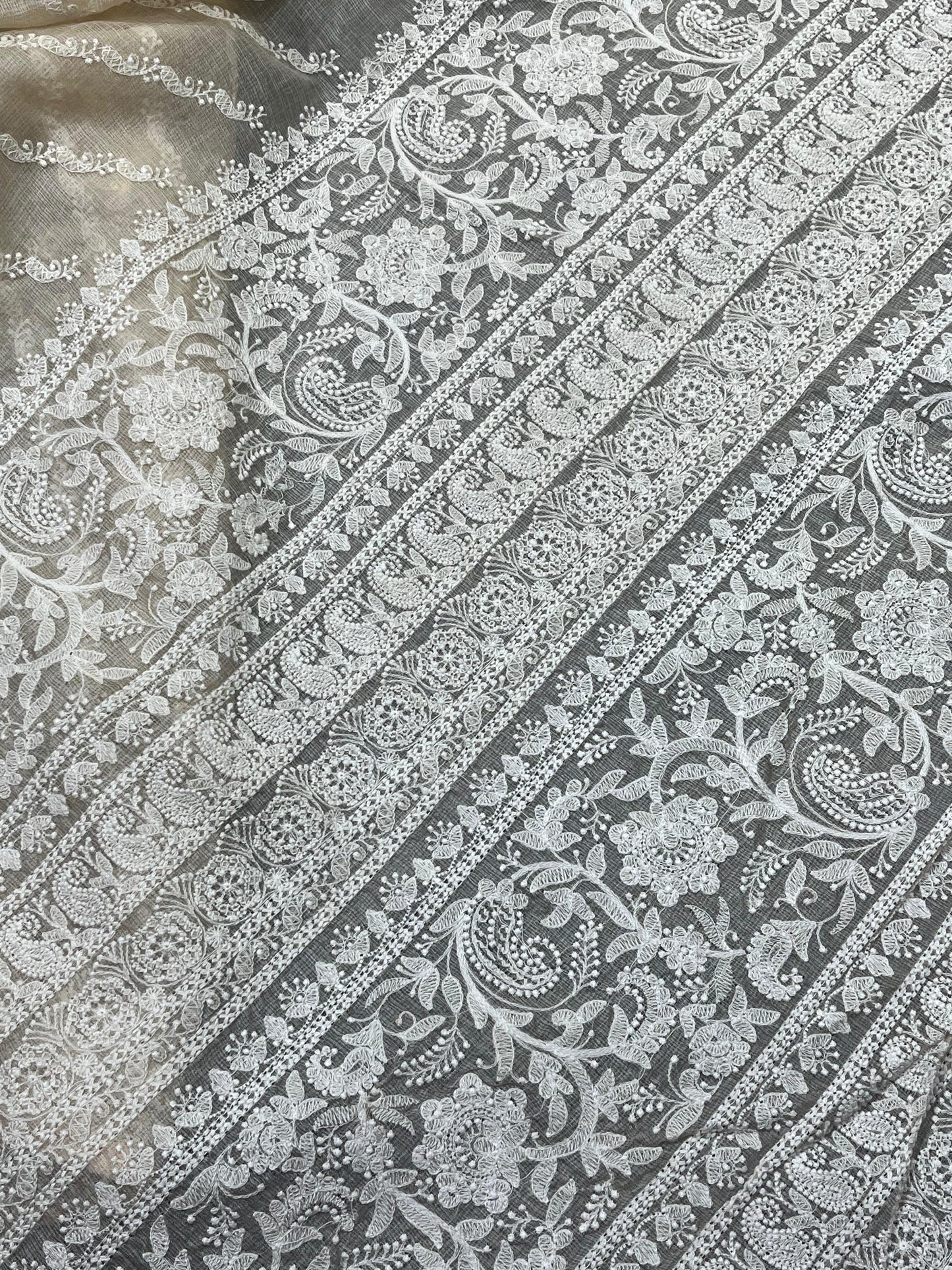 LIGHT BEIGE KOTA PURE HANDLOOM LUCKNOWI SAREE