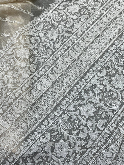 LIGHT BEIGE KOTA PURE HANDLOOM LUCKNOWI SAREE
