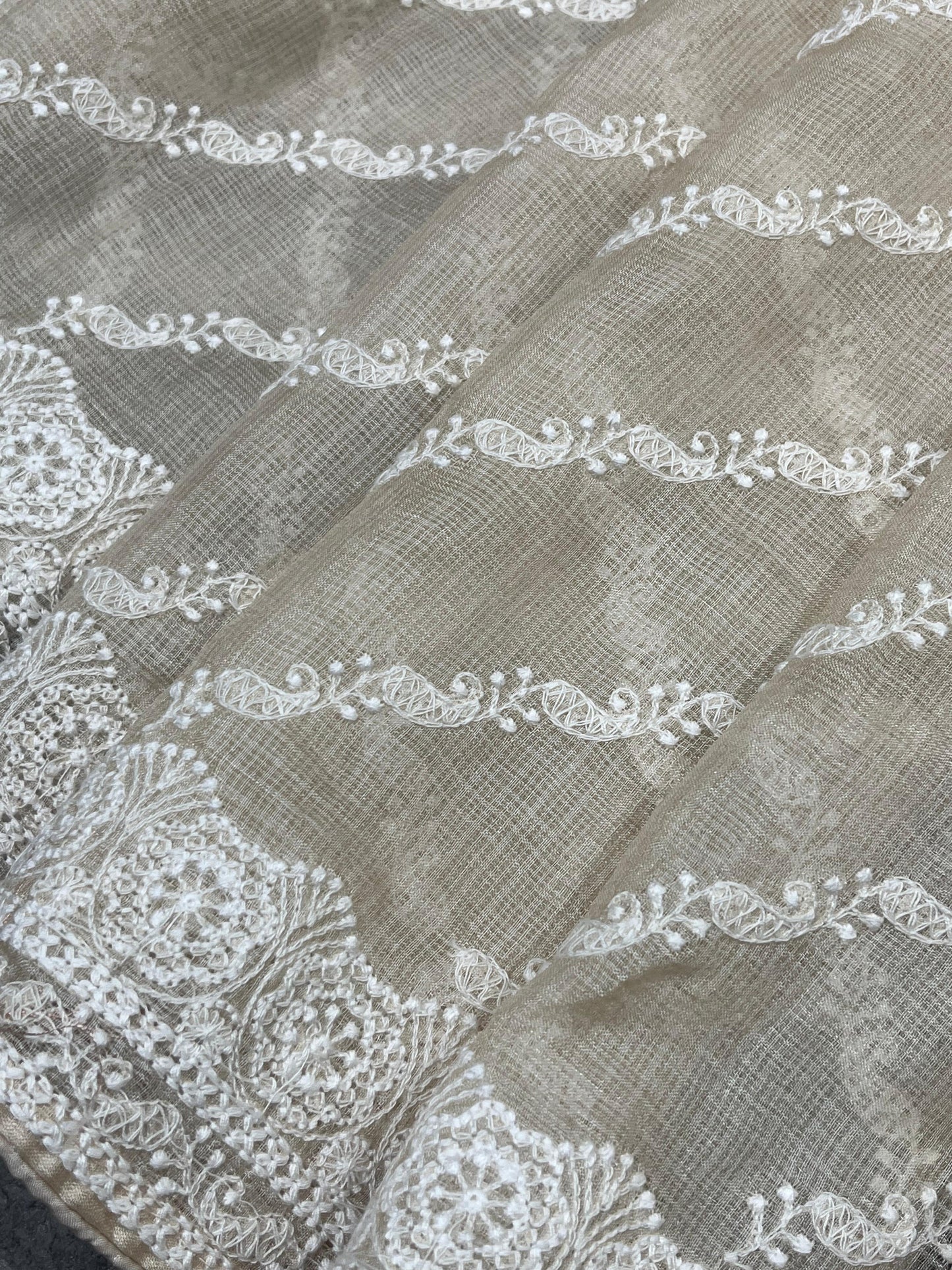 LIGHT BEIGE KOTA PURE HANDLOOM LUCKNOWI SAREE
