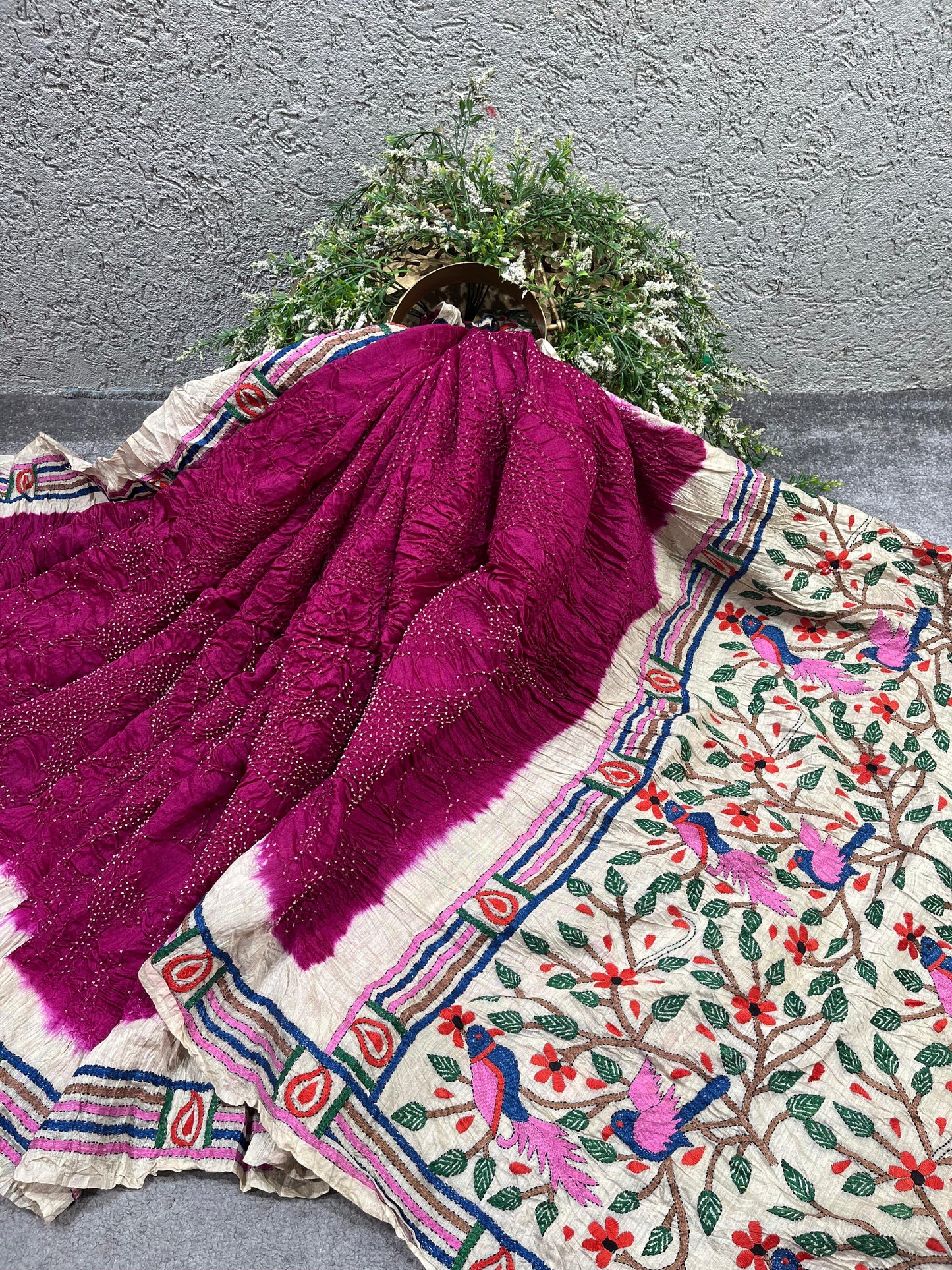 PINK MOONGA TASSAR PURE HANDLOOM BANDHEJ SAREE