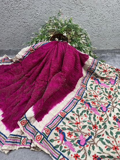 PINK MOONGA TASSAR PURE HANDLOOM BANDHEJ SAREE
