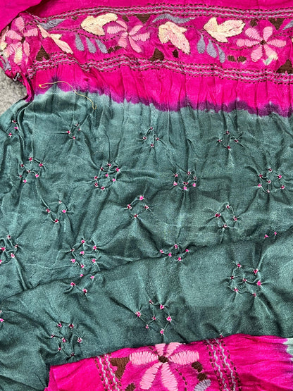 GREY GAJJI SILK PURE HANDLOOM KANTHA EMBROIDERY BANDHEJ SAREE