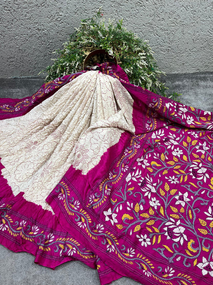 IVORY GAJJI SILK PURE HANDLOOM KANTHA EMBROIDERY BANDHEJ SAREE