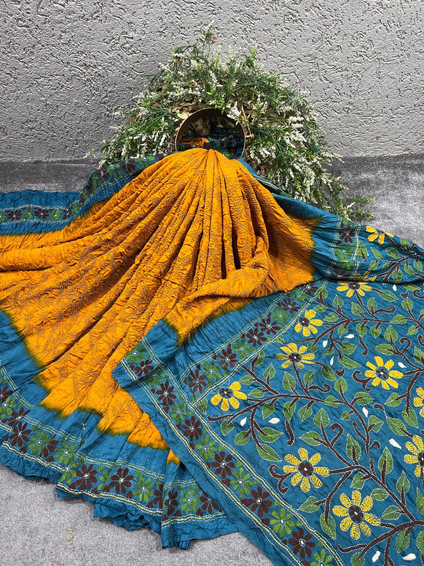 YELLOW GAJJI SILK PURE HANDLOOM KANTHA EMBROIDERY BANDHEJ SAREE