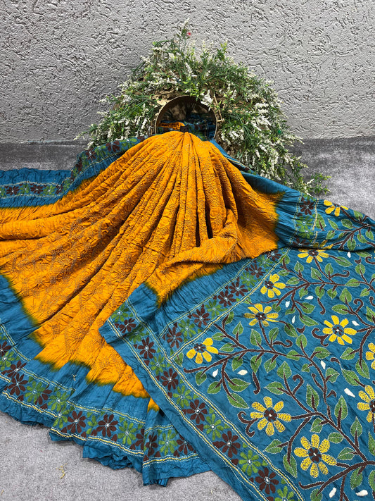 YELLOW GAJJI SILK PURE HANDLOOM KANTHA EMBROIDERY BANDHEJ SAREE