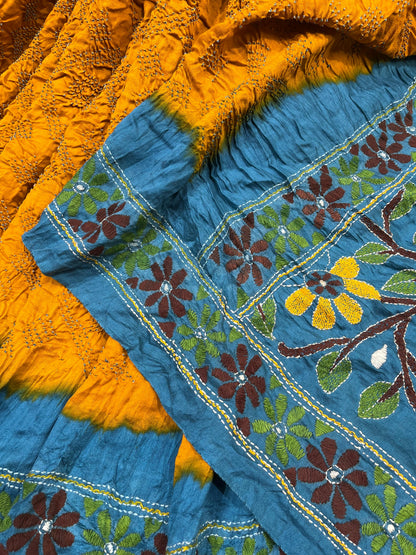YELLOW GAJJI SILK PURE HANDLOOM KANTHA EMBROIDERY BANDHEJ SAREE