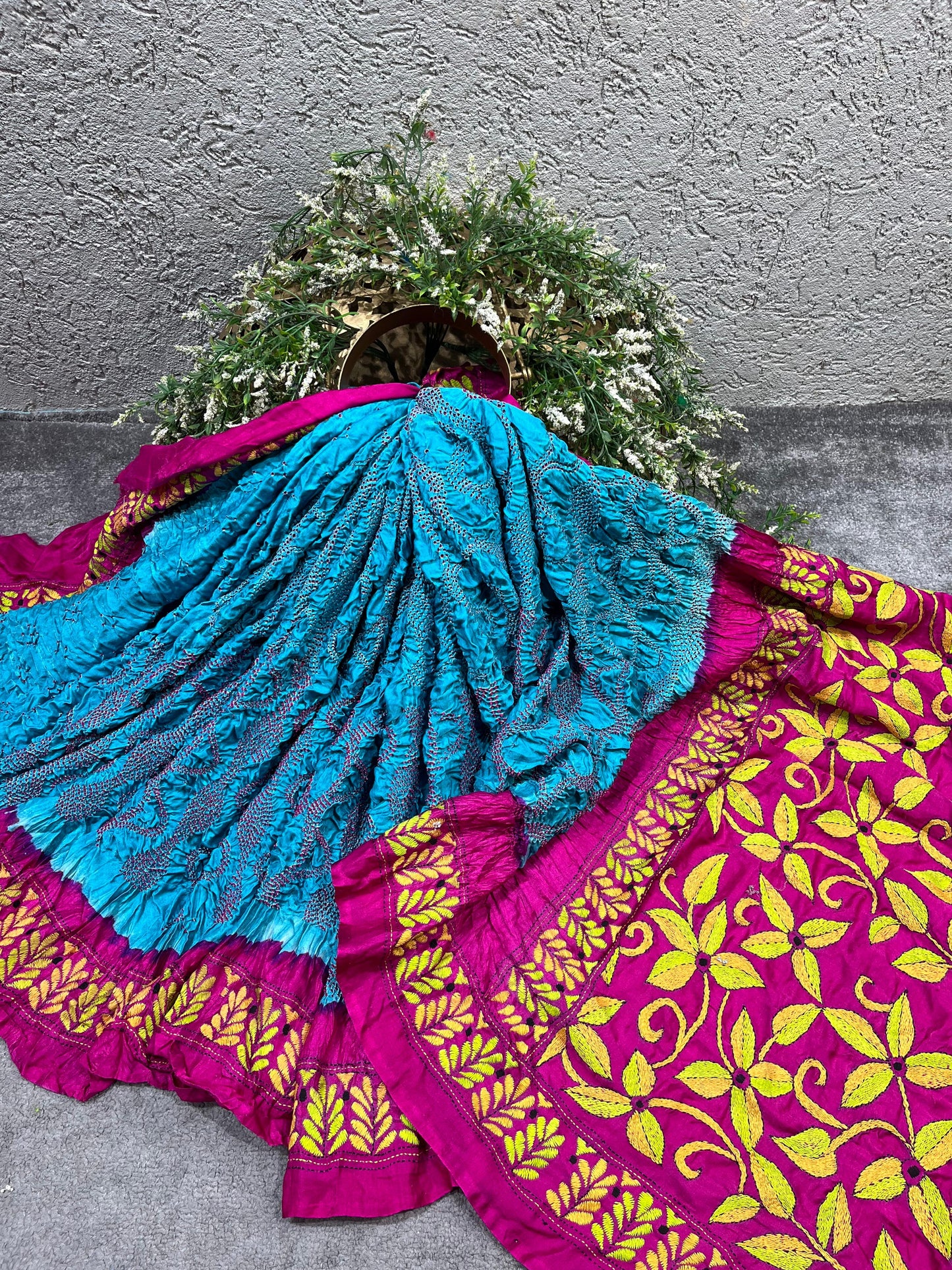 BLUE GAJJI SILK PURE HANDLOOM KANTHA EMBROIDERY BANDHEJ SAREE