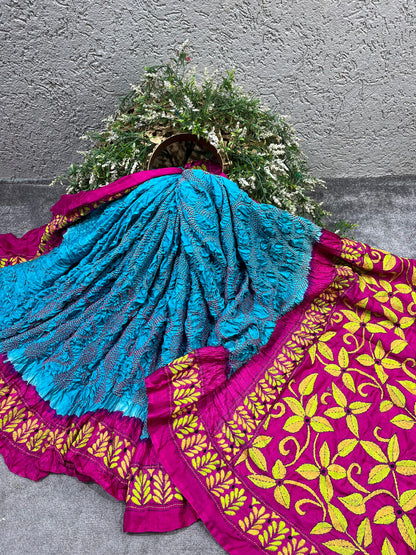 BLUE GAJJI SILK PURE HANDLOOM KANTHA EMBROIDERY BANDHEJ SAREE