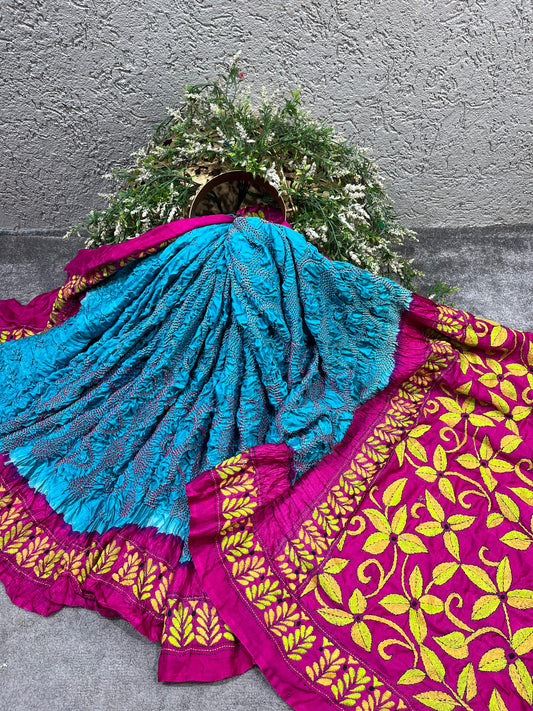 BLUE GAJJI SILK PURE HANDLOOM KANTHA EMBROIDERY BANDHEJ SAREE