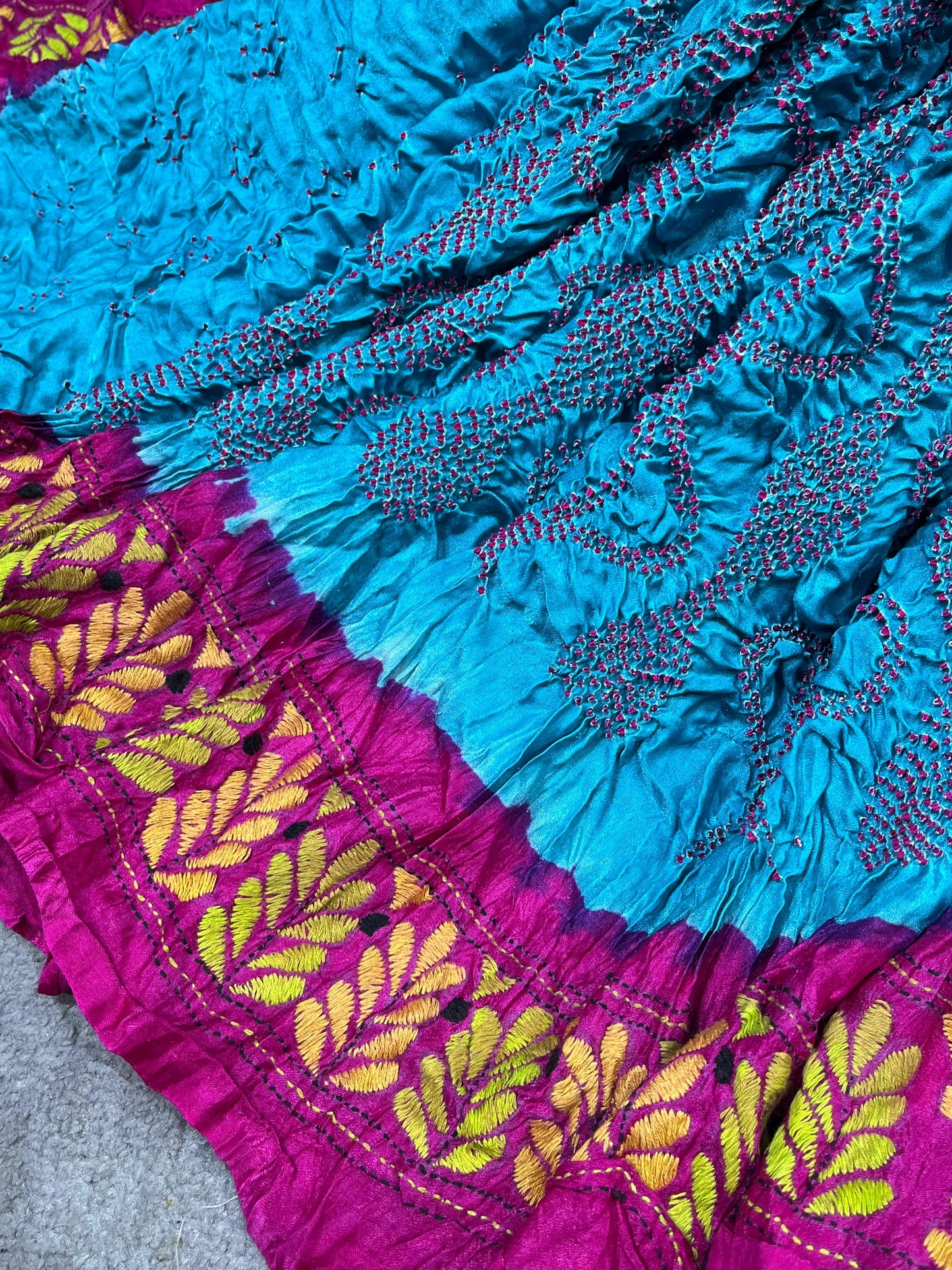 BLUE GAJJI SILK PURE HANDLOOM KANTHA EMBROIDERY BANDHEJ SAREE