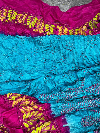 BLUE GAJJI SILK PURE HANDLOOM KANTHA EMBROIDERY BANDHEJ SAREE