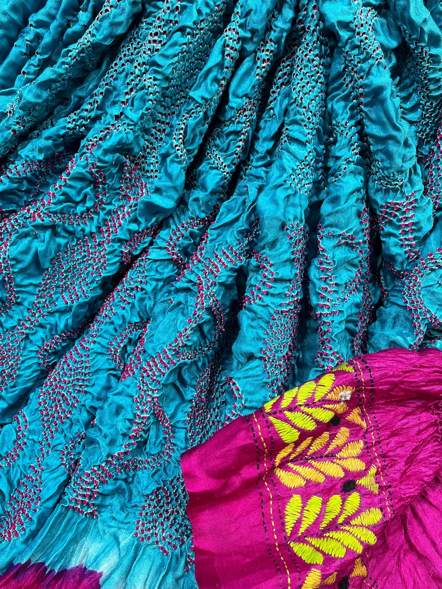 BLUE GAJJI SILK PURE HANDLOOM KANTHA EMBROIDERY BANDHEJ SAREE
