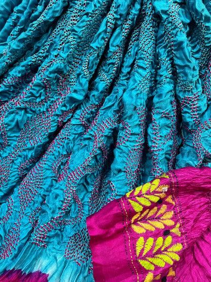 BLUE GAJJI SILK PURE HANDLOOM KANTHA EMBROIDERY BANDHEJ SAREE