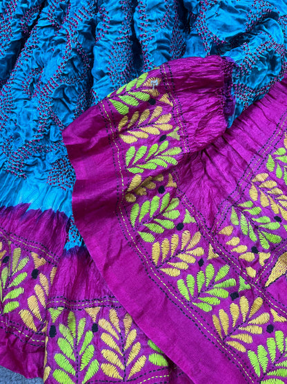 BLUE GAJJI SILK PURE HANDLOOM KANTHA EMBROIDERY BANDHEJ SAREE
