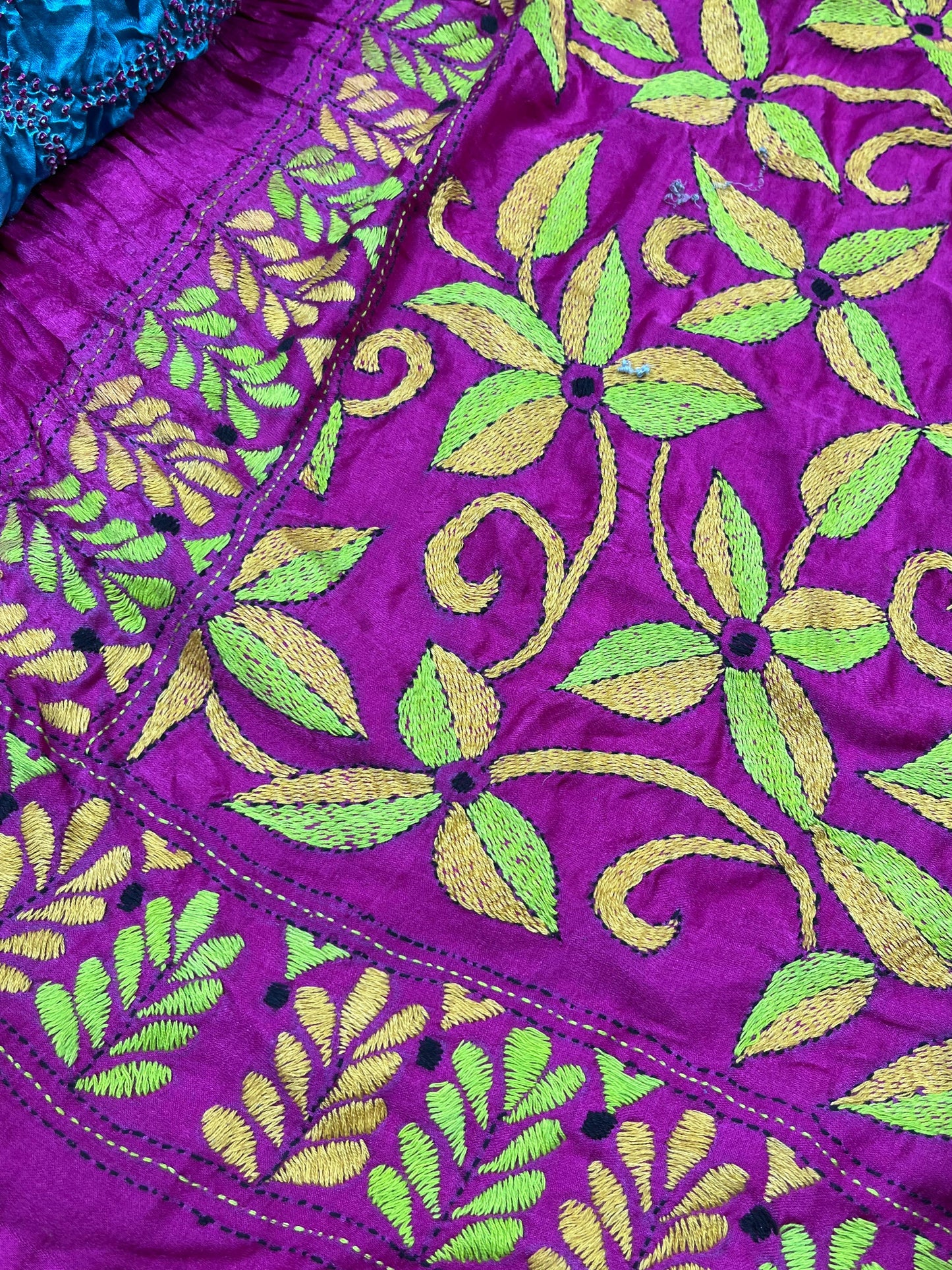BLUE GAJJI SILK PURE HANDLOOM KANTHA EMBROIDERY BANDHEJ SAREE