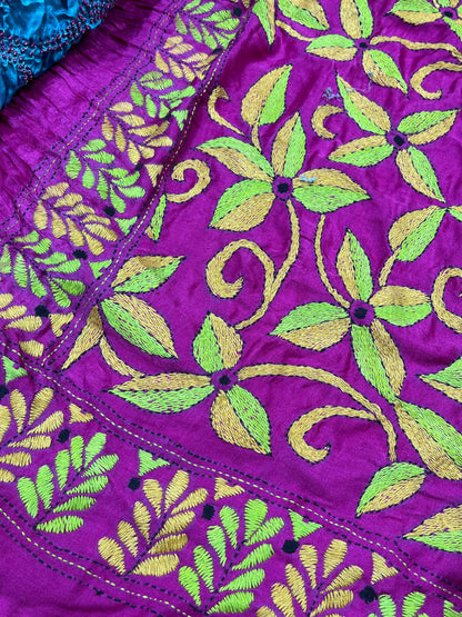 BLUE GAJJI SILK PURE HANDLOOM KANTHA EMBROIDERY BANDHEJ SAREE