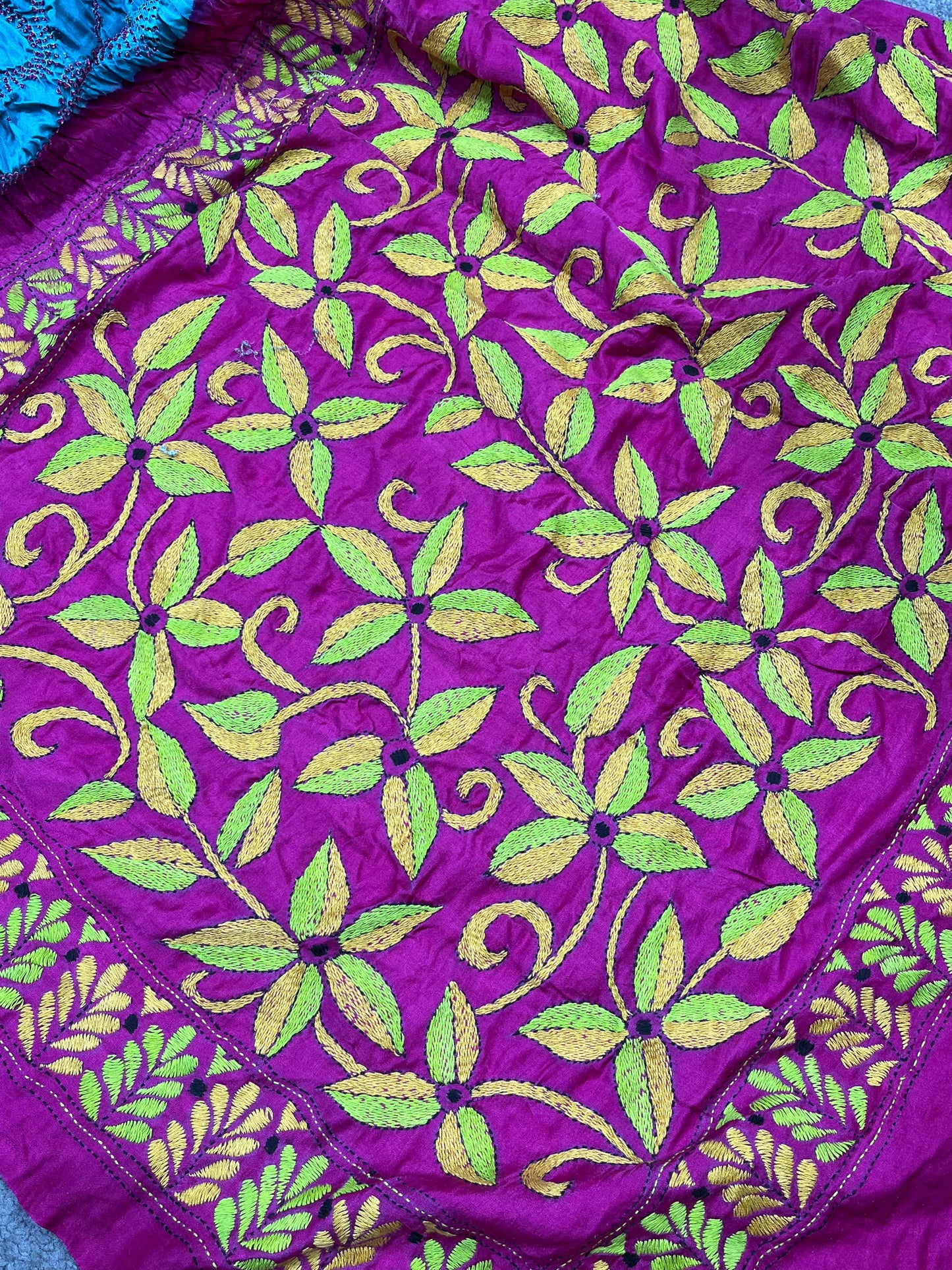 BLUE GAJJI SILK PURE HANDLOOM KANTHA EMBROIDERY BANDHEJ SAREE