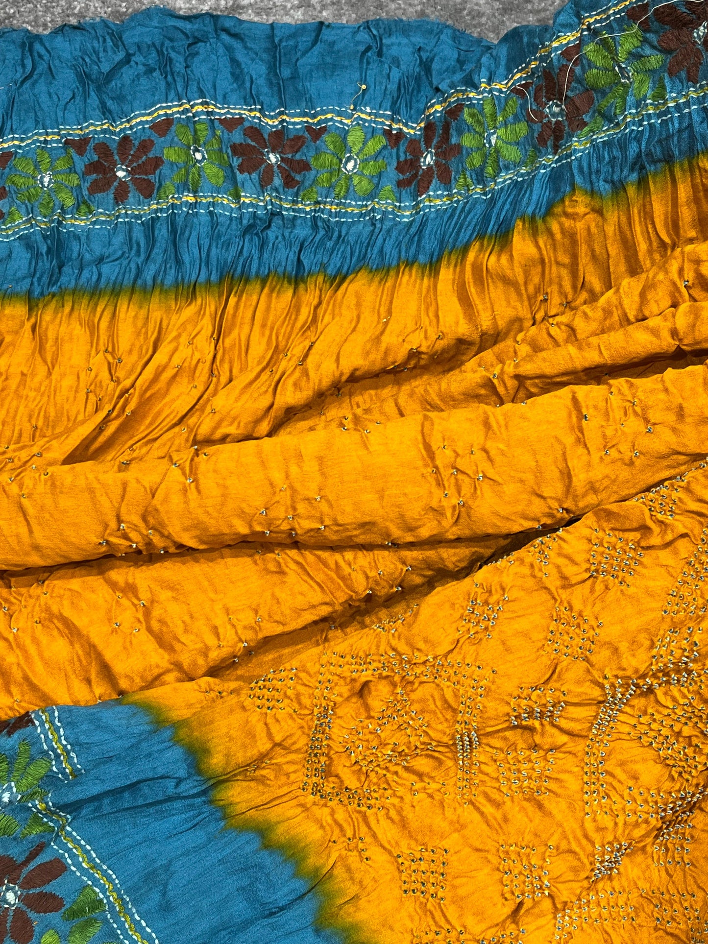 YELLOW GAJJI SILK PURE HANDLOOM KANTHA EMBROIDERY BANDHEJ SAREE