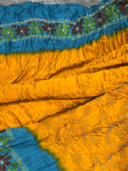 YELLOW GAJJI SILK PURE HANDLOOM KANTHA EMBROIDERY BANDHEJ SAREE