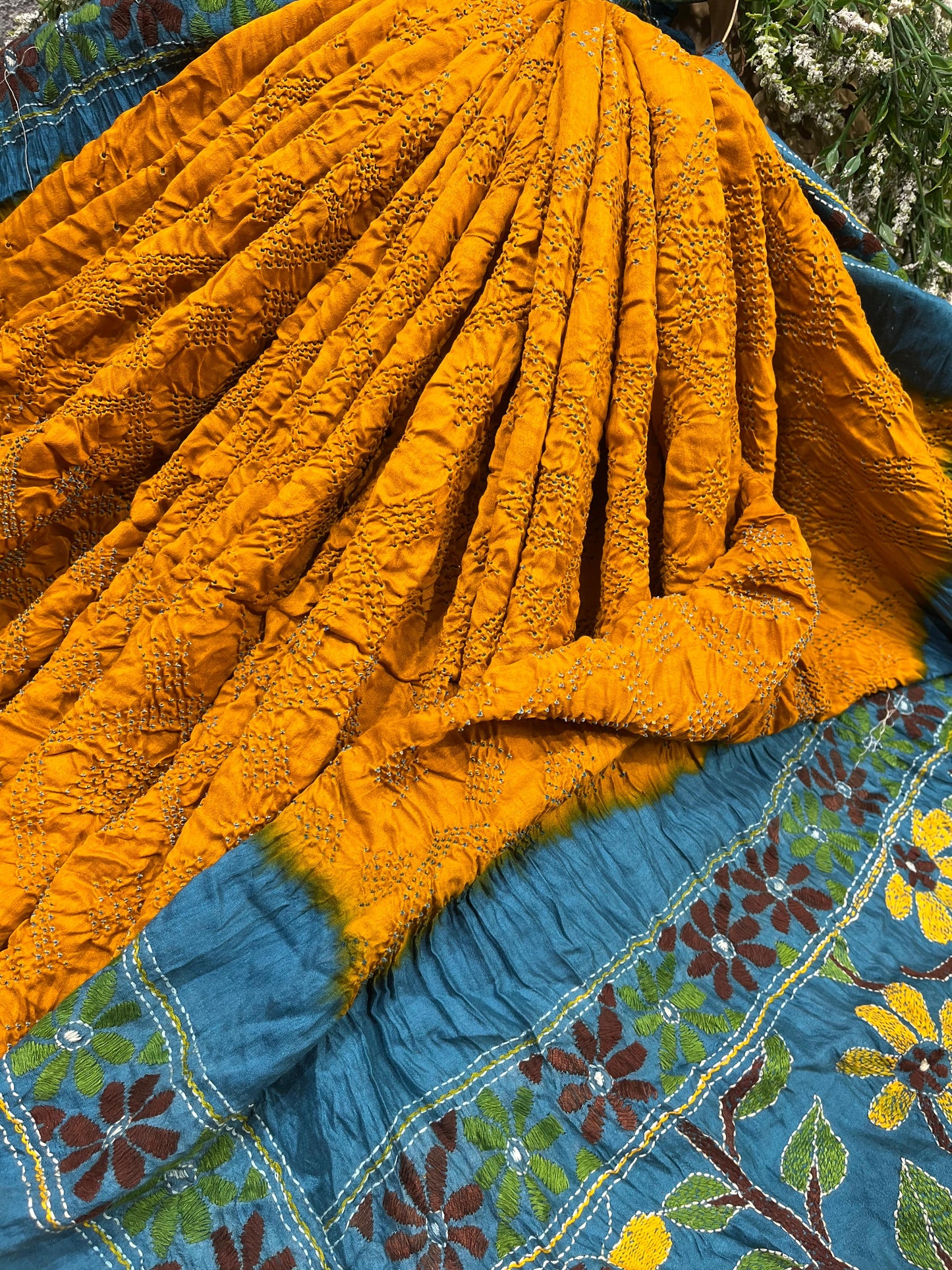 YELLOW GAJJI SILK PURE HANDLOOM KANTHA EMBROIDERY BANDHEJ SAREE