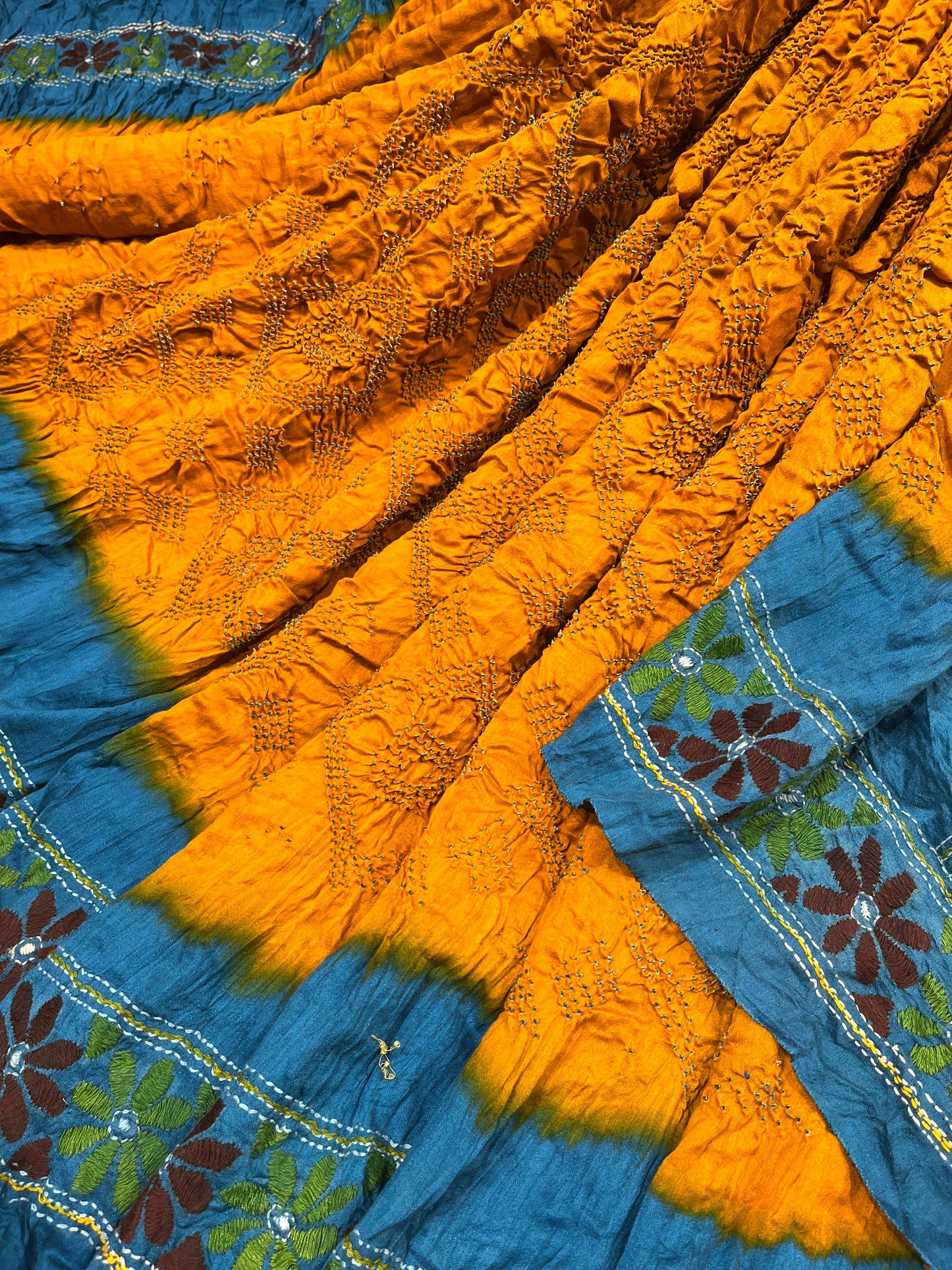 YELLOW GAJJI SILK PURE HANDLOOM KANTHA EMBROIDERY BANDHEJ SAREE