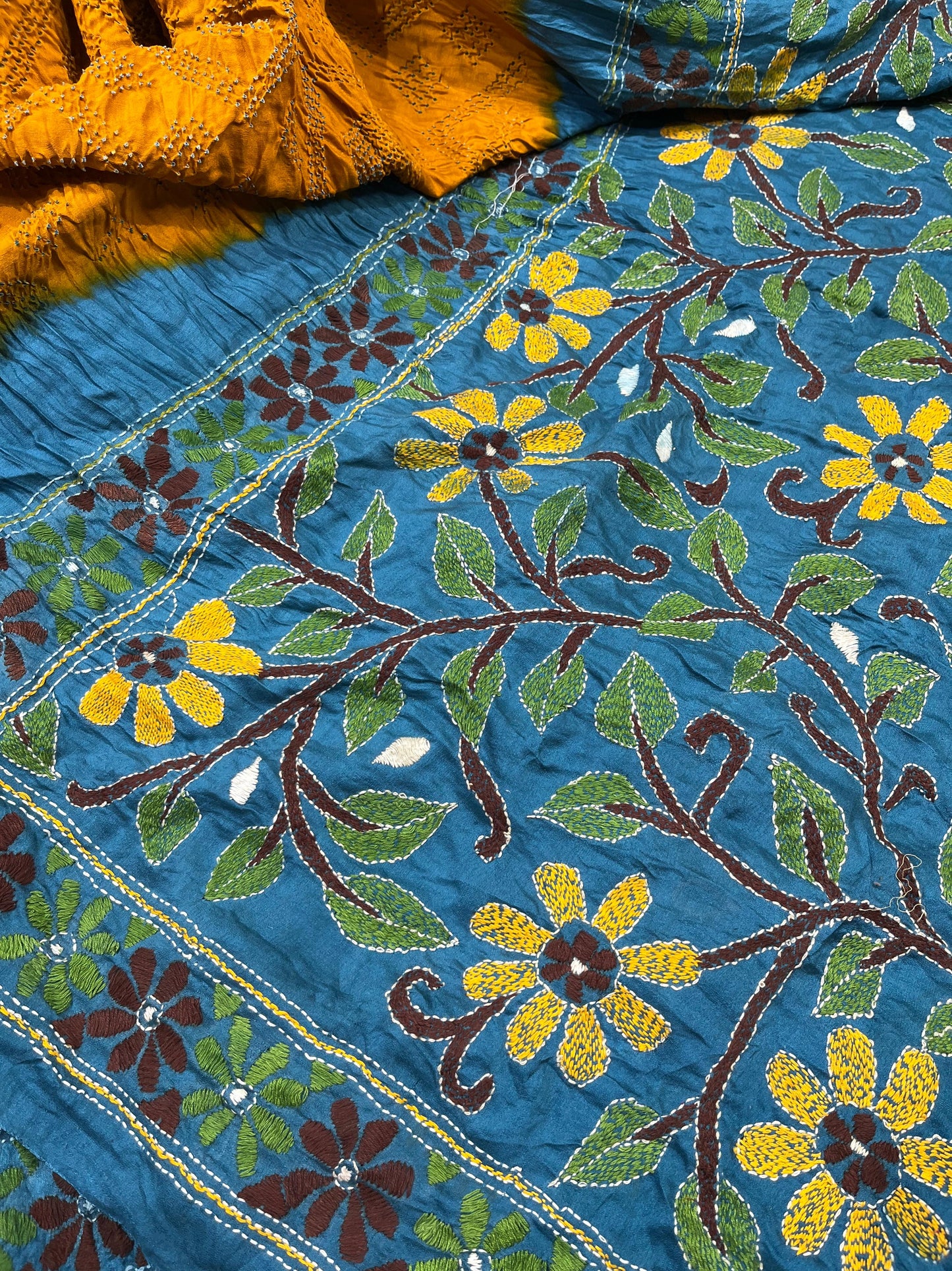 YELLOW GAJJI SILK PURE HANDLOOM KANTHA EMBROIDERY BANDHEJ SAREE