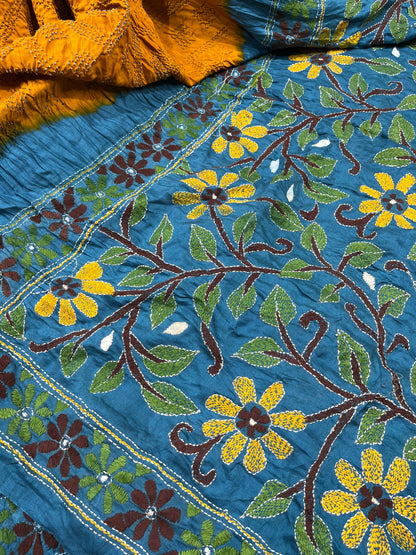 YELLOW GAJJI SILK PURE HANDLOOM KANTHA EMBROIDERY BANDHEJ SAREE