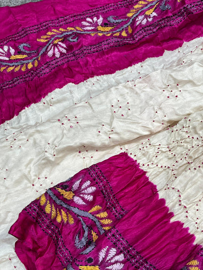 IVORY GAJJI SILK PURE HANDLOOM KANTHA EMBROIDERY BANDHEJ SAREE